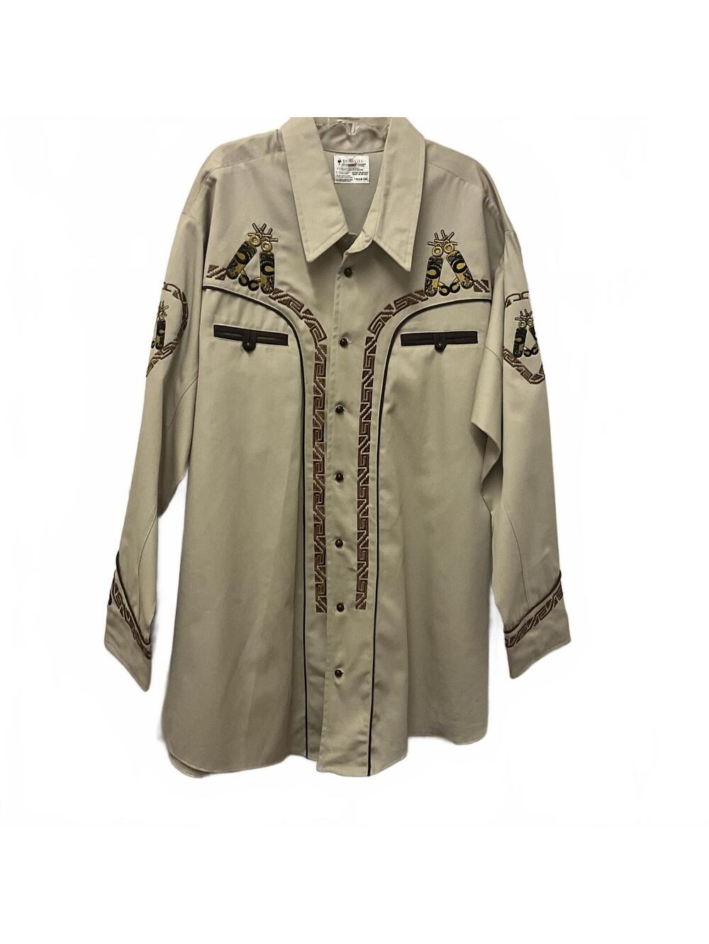 Bronco Vintage Western Shirt 2XL Beige Khaki Embroidered Long Sleeve Cowboy